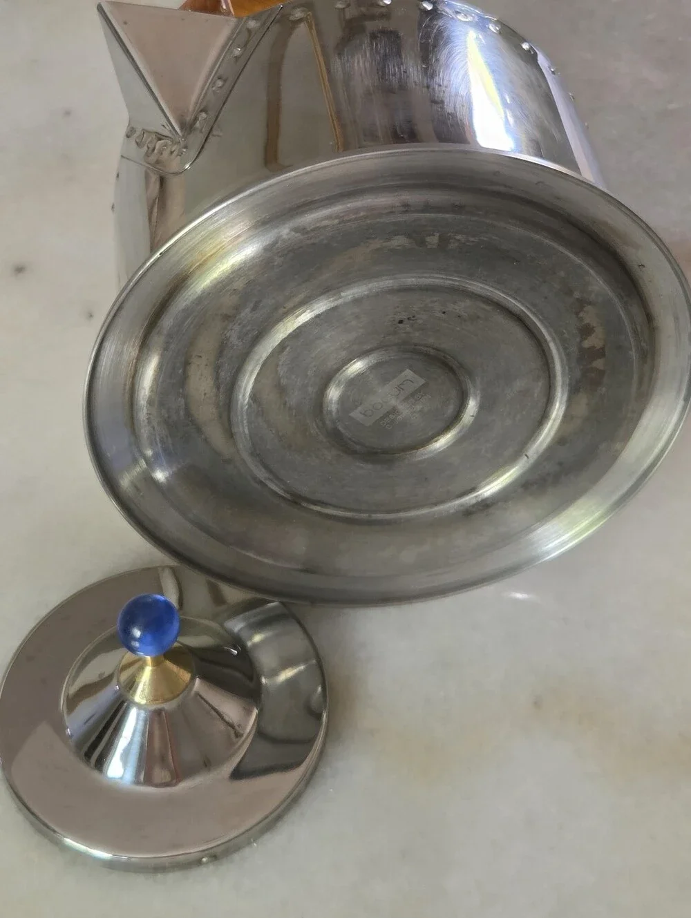 Vintage Bodum Ottoni Tea Kettle 1.5L, Stainless Steel, Wooden Handle, Blue Eye